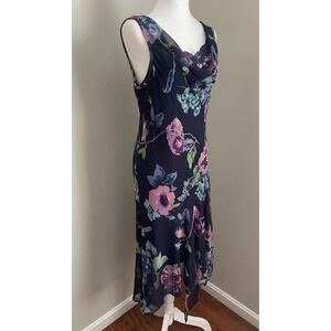 Y2K Vintage Dress M Bias Cut Navy Beaded Floral Cowl Neck Sheer Asymmetric Hem‎